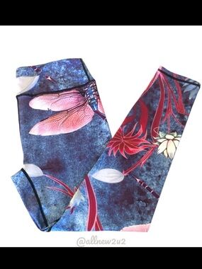 Lotus Leggings Blue and Pink Dragonfly Print Floral Design Size XL